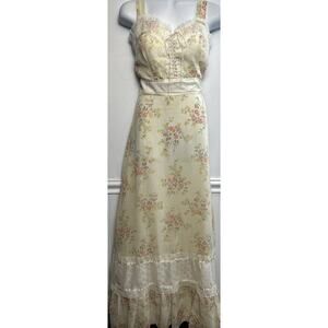 VTG 70’s Maxi Sundress L Floral Lace Cottage Core Fairy Hippie Prairie Yelllow
